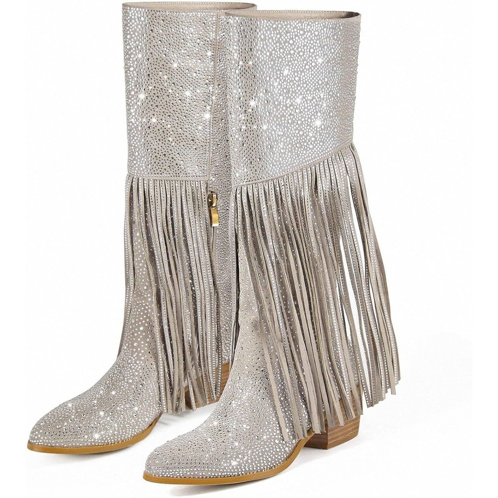 Rhinestone Fringe Knee High Boots Silver Western Festival Size 6 New